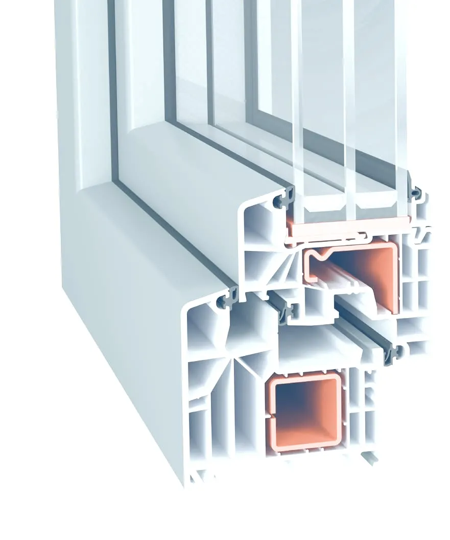 Coupe d’angle d’un châssis PVC montrant les chambres d’isolation, le renfort et le double vitrage.
