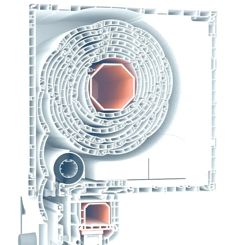 Coupe technique d’un caisson de volet roulant de grande dimension, tablier enroulé et coulisse latérale.